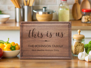 Beautifully engraved walnut hardwood charcuterie board for newlyweds or engagement party