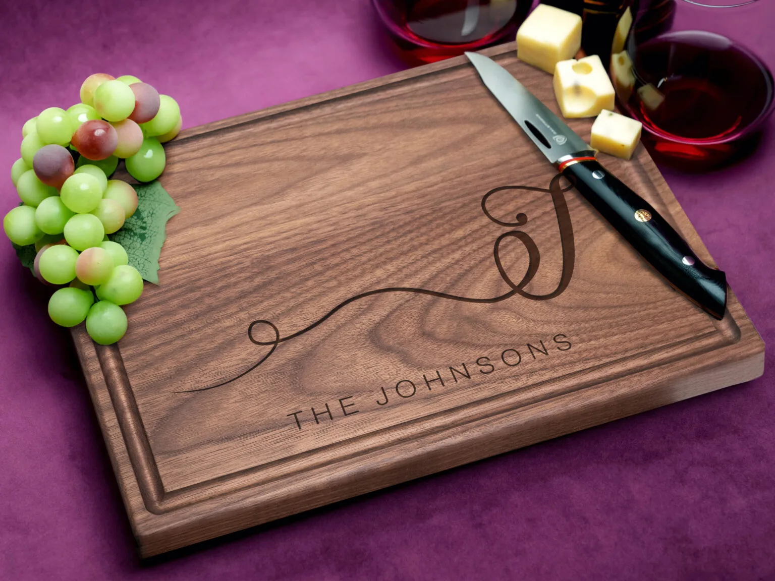 Handmade walnut cutting board engraved with Initial and Last Name unique gift for wedding or anniversary