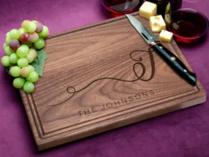 Handmade walnut cutting board engraved with Initial and Last Name unique gift for wedding or anniversary