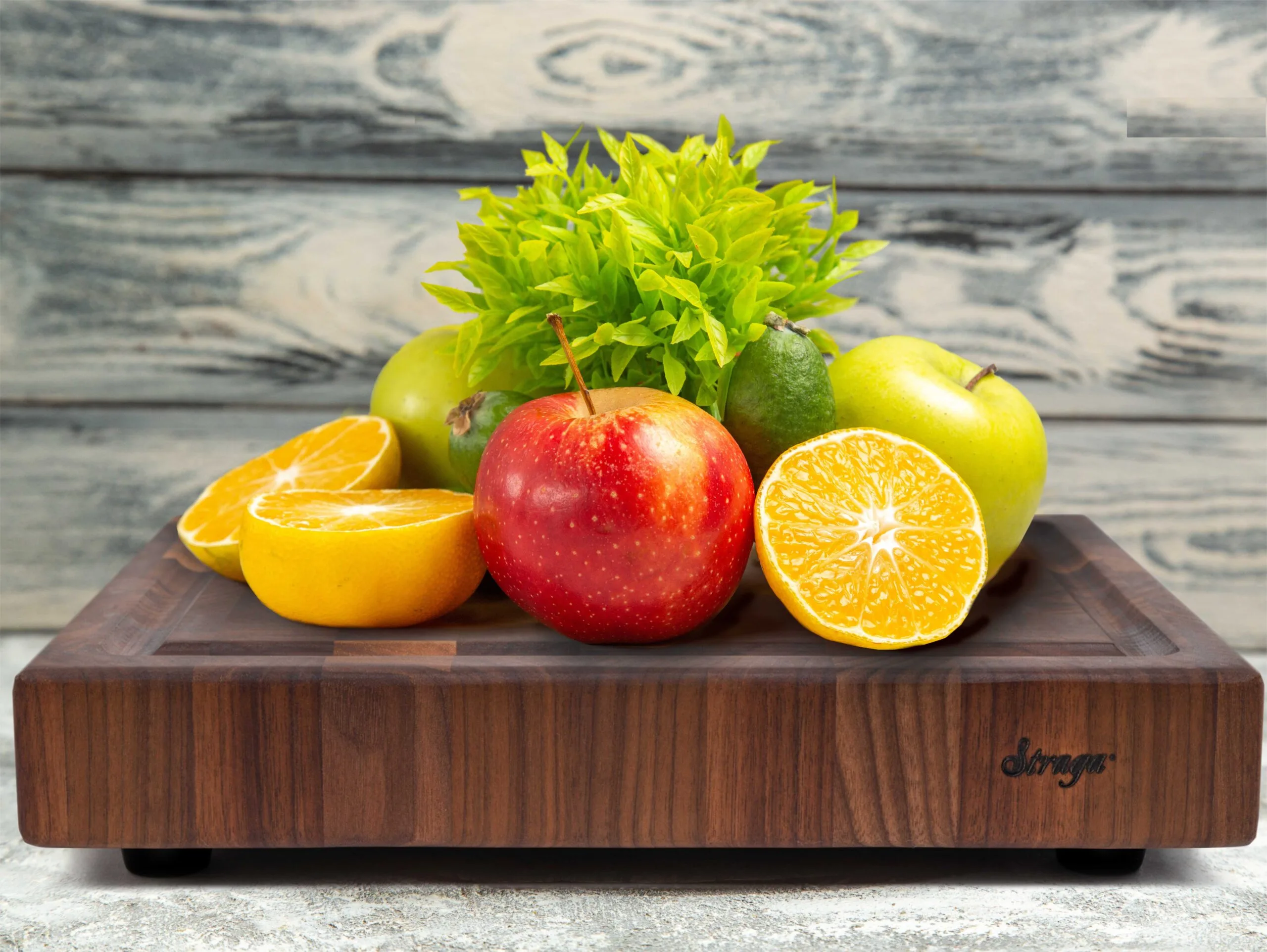 fresh fruits on small walnut end grain chopping blocks with handles