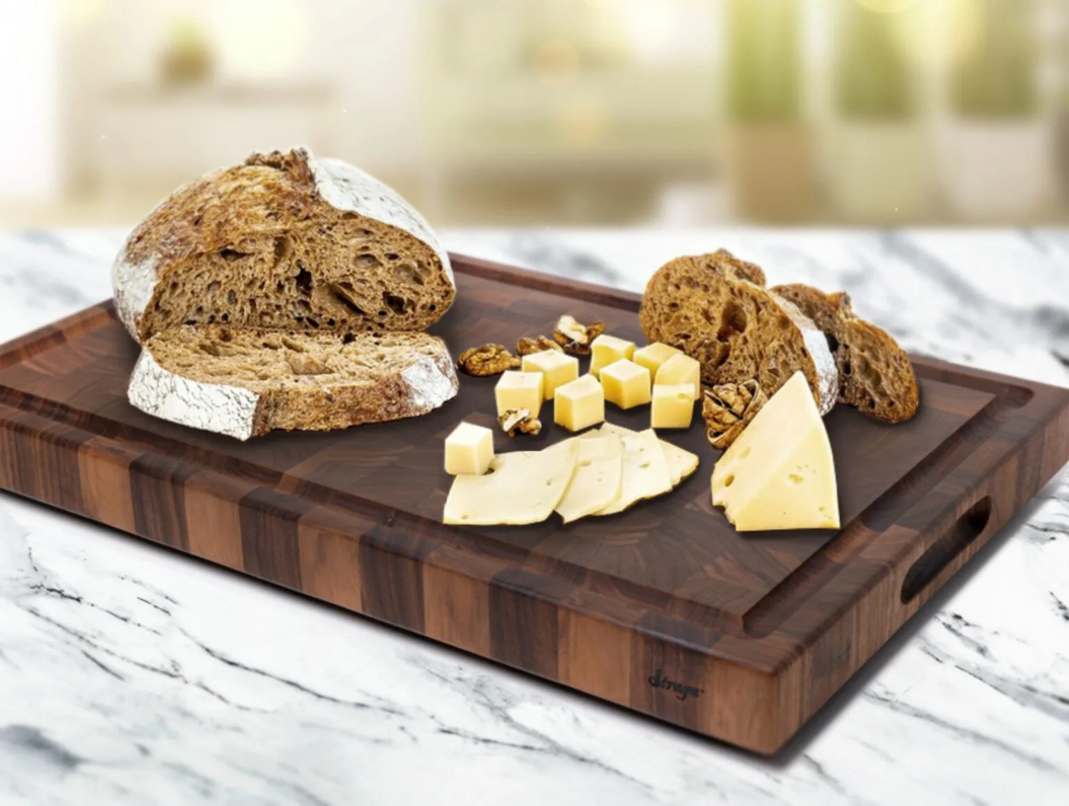 walnut end grain chopping block with bread and chees eon it