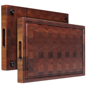 mahogany end grain chopping block with handles. rubber feet and deep juice groove