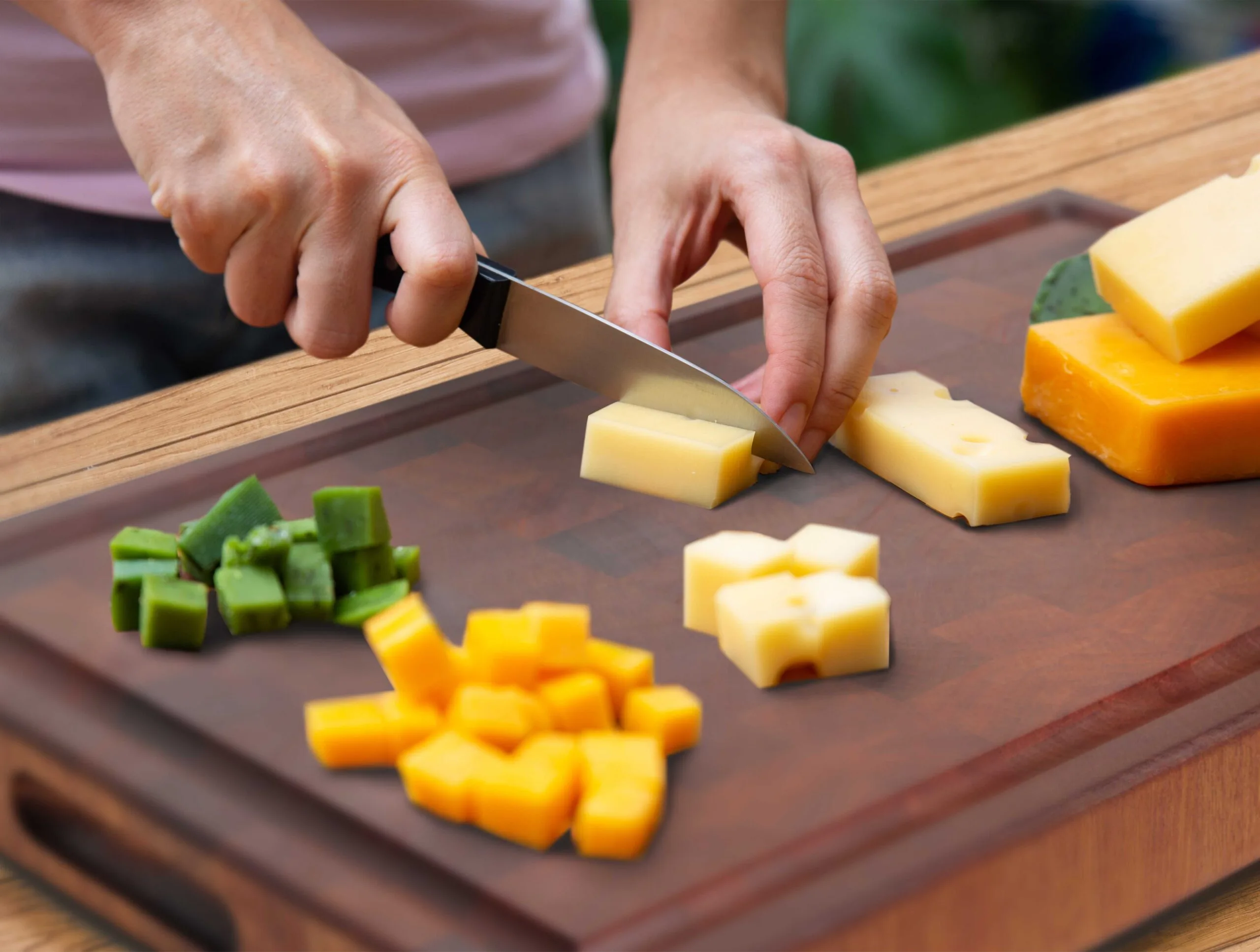 cutting cheese on end grain mahogany chopping blcok